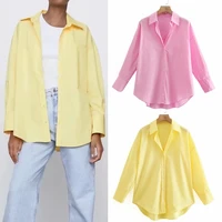 spring 2021 za top woman pink button up shirts women casual asymmetric fashion yellow long sleeve office female casual blouses