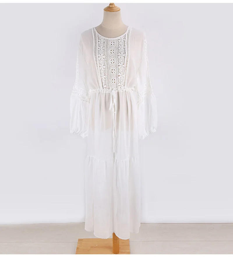 Fitshinling Bohemian Long Dress Beach Wear Lace Splice Sheer White Swimsuits Outing Lantern Sleeve Women Maxi Dresses Swimwear | Женская