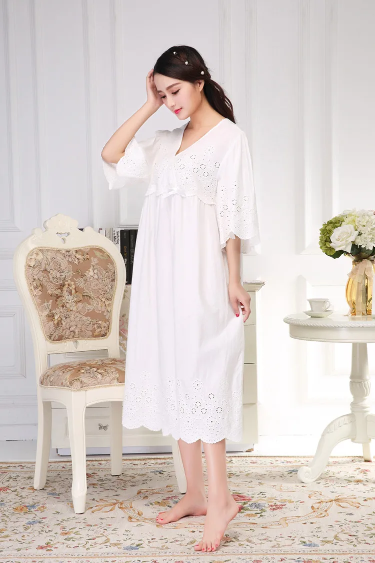 

2019 autumn summer Cotton Dress Gown Elegant Nightgown Dress half sleveWhite Night Dress Home Clothes For Women