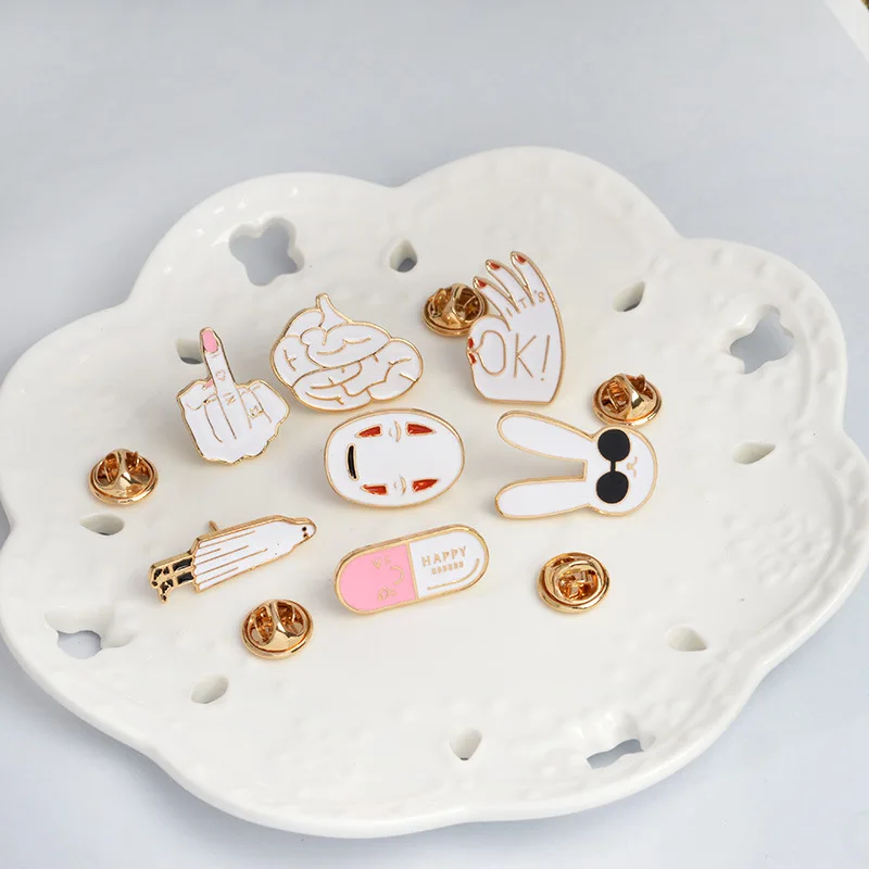 

dXCMRYSP New Simple Pink White Happy Badge Brooch Cat Rabbit Metal Enamel Lapel Pin Backpack Clothes Fashion Jewelry Gift
