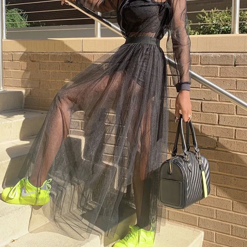 Прозрачная женская пляжная юбка прозрачная плиссированная из тюля с высокой