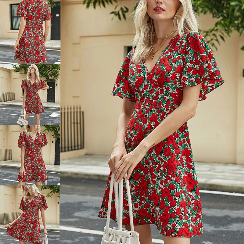 

Women Short Sleeve Mini Dress Floral Printing V Neck High Waist Summer Sundress Q39C
