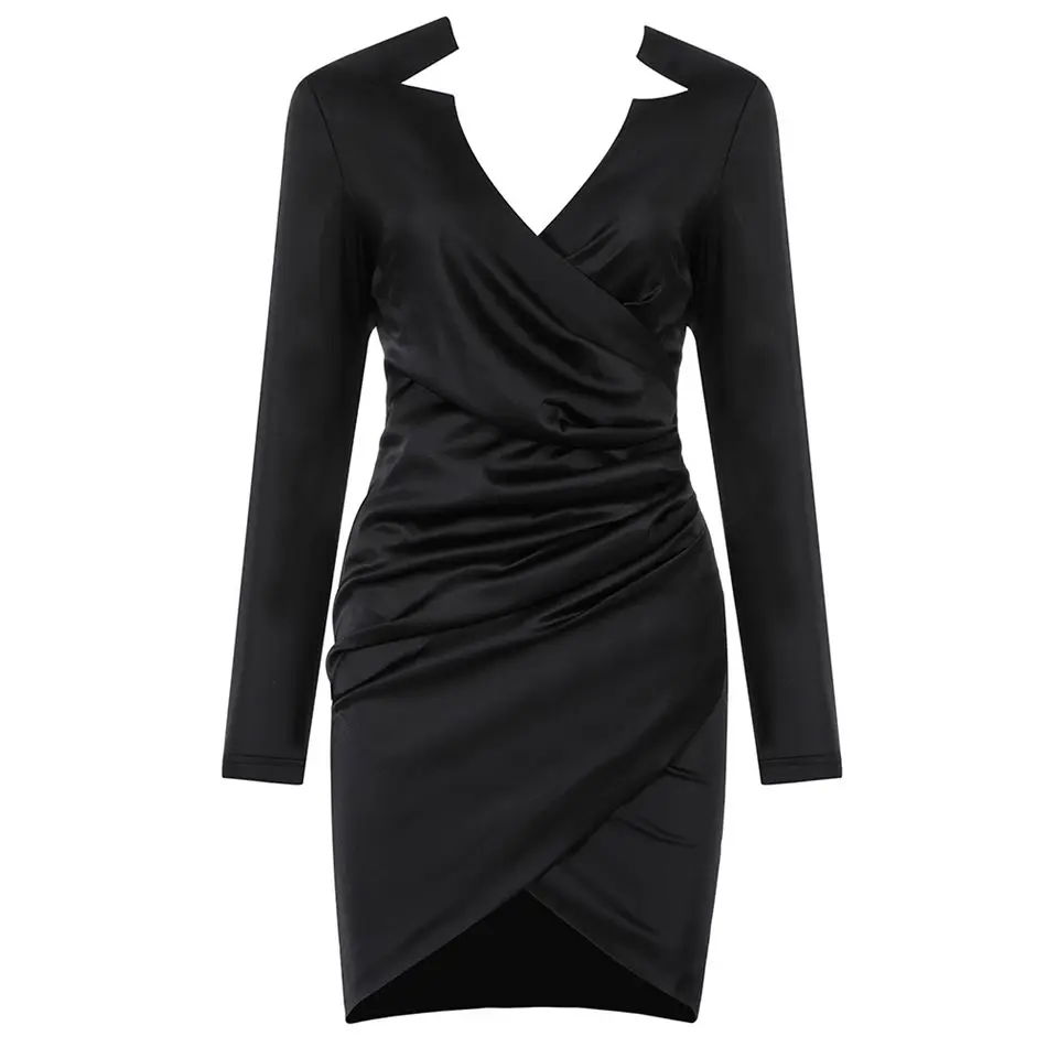 

New Arrival Celebrity Evening Party Woman Dress Women Long Sleeve V-Neck Black Sexy Night Out Club Mini Bodycon Dress Vestidos