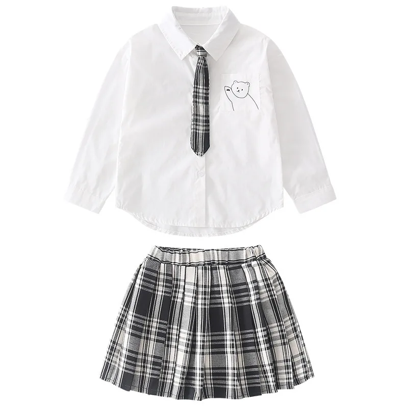 

Children's Plaid Skirt Set Preppy Style Toddler Girl Bow Tie Shirt+Skirts Two Piece Kids Suit Autumn Casual School Girls Outfits