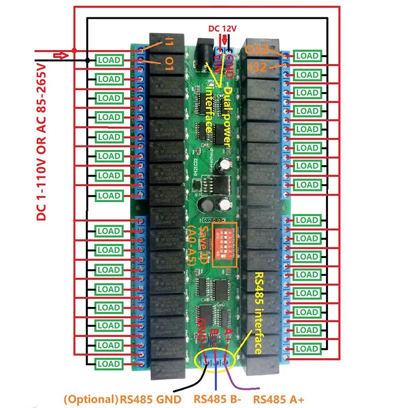 

R421C32 DC12V 32 Channels Modbus RTU RS485 Bus Relay Module UART Serial Port Board for PLC LED Home Automation Door Lock