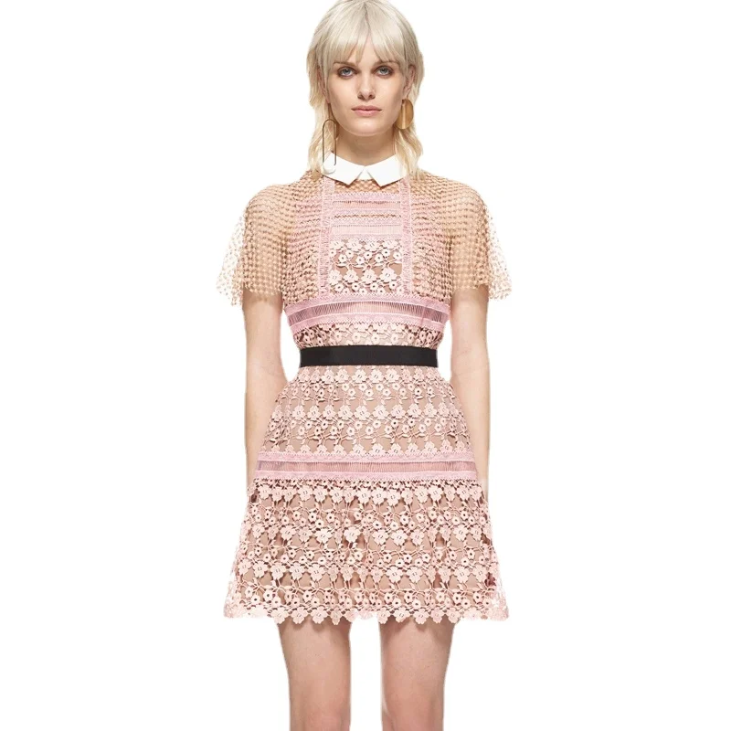 Женское Короткое платье-Автопортрет розовое ажурное платье в стиле пэчворк лето