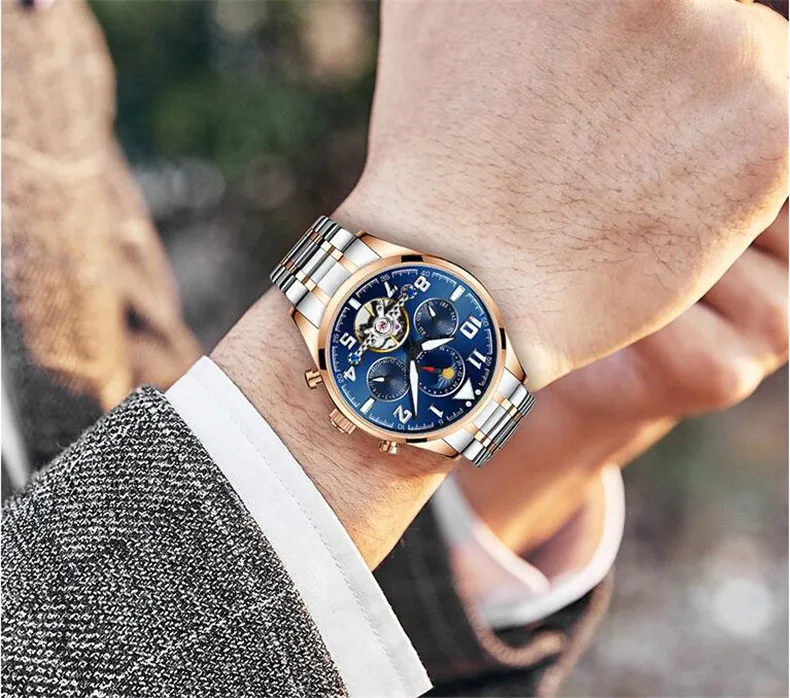 Многофункциональные часы tourbillon для мужчин люксовый бренд Moon фазный Автоматический Механические часы полый маховик мужские часы новые
