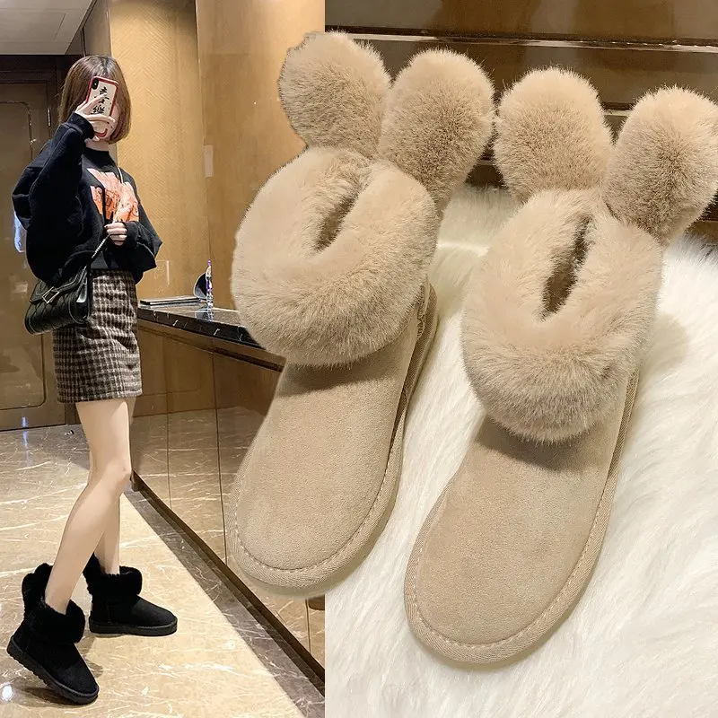 Fashion The New Snow Boots Women Winter Flock Ankle Rabbit ears Slip-On Round Toe Low (1cm-3cm) Flat With Plush Solid Keep Warm