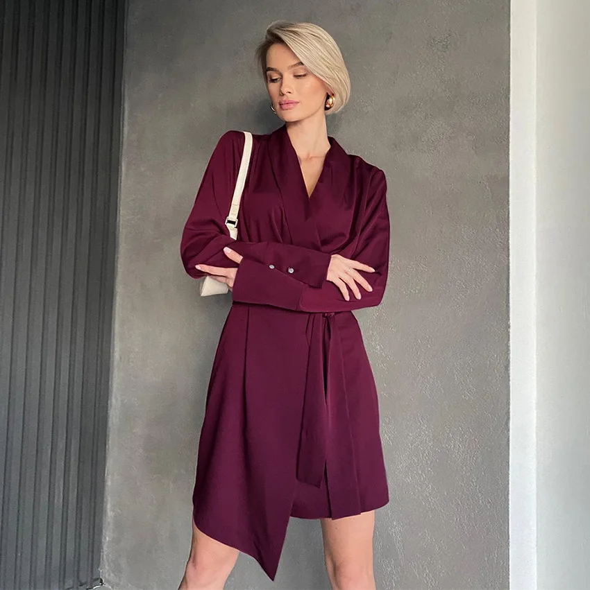 

Женское шифоновое платье с V-образным вырезом, бордовое однотонное платье в европейском и американском стиле с бантом на поясе, новинка весн...