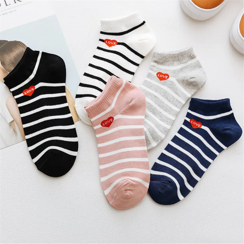 17-5Pairs 5 пар, женские хлопковые носки с рисунками животных, розовые милые короткие носки с котом, короткие носки, повседневные носки с ушками животных и красными сердечками для девочек, Размеры 35-40 - Цвет: 17-5Pairs