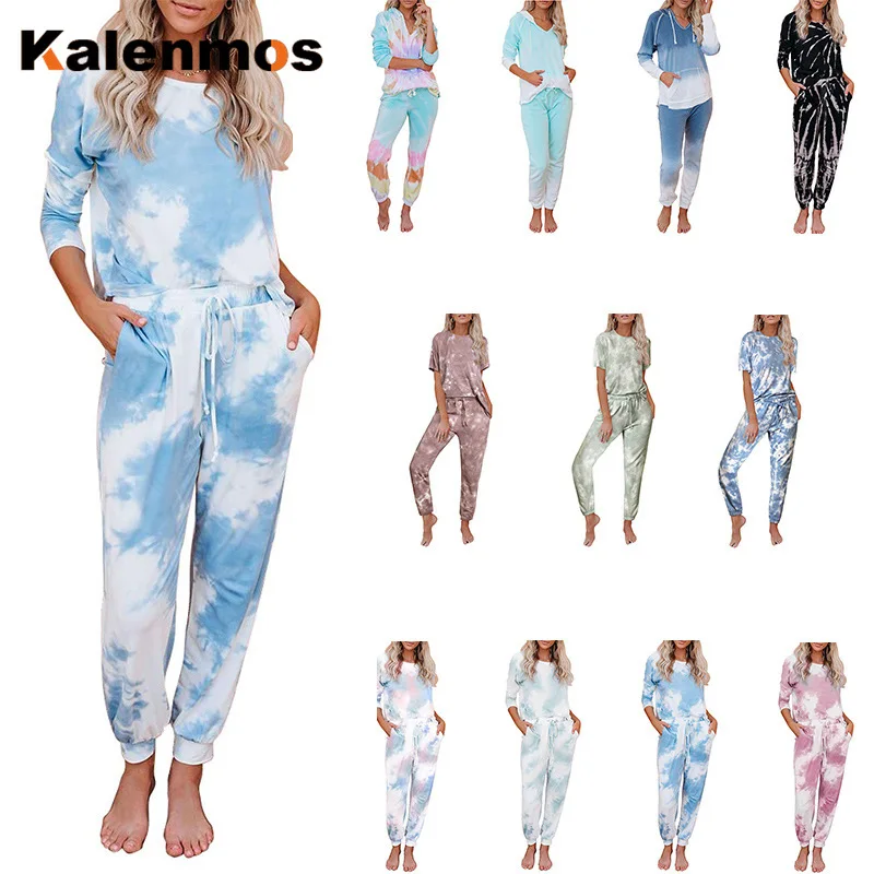 KALENMOS домашняя одежда для женщин галстук краситель печати хлопок 2 шт набор