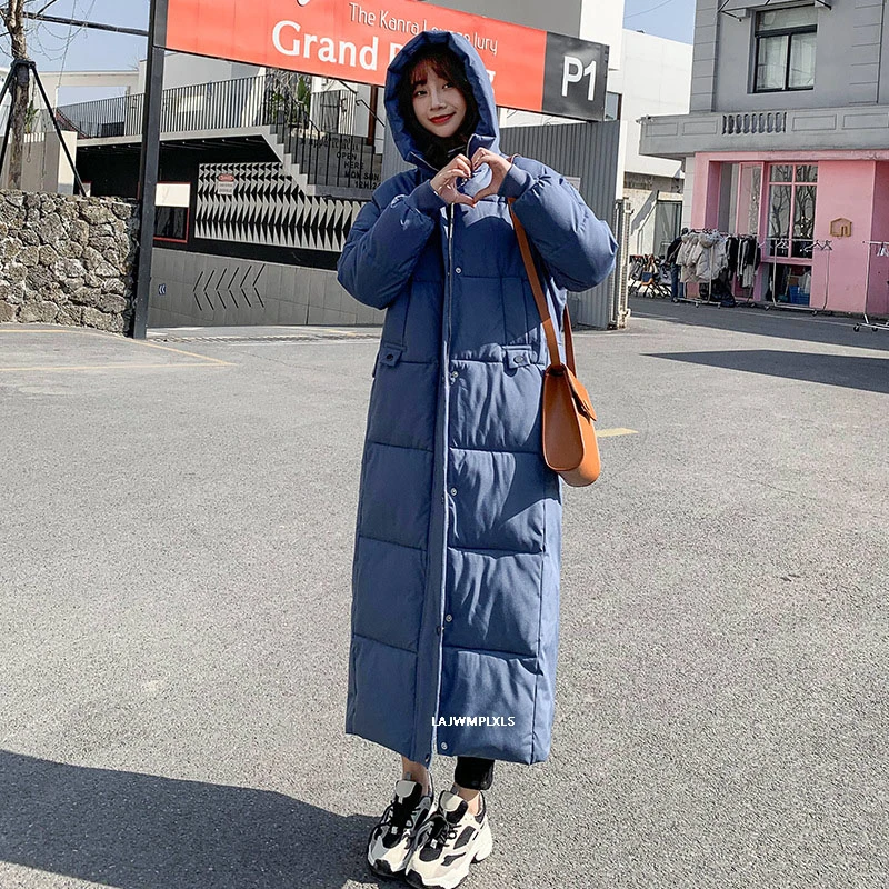 Длинная зимняя женская куртка X Long с капюшоном Синяя/черная свободная утепленная