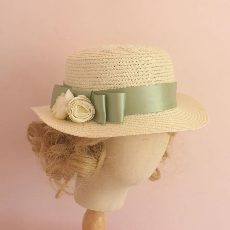Lolita Flower Elegant Princess Bow Ribbon Summer Straw Hats Women's Beach Sun Hat Japanese Mori Girl Kawaii Hanmade Cap |