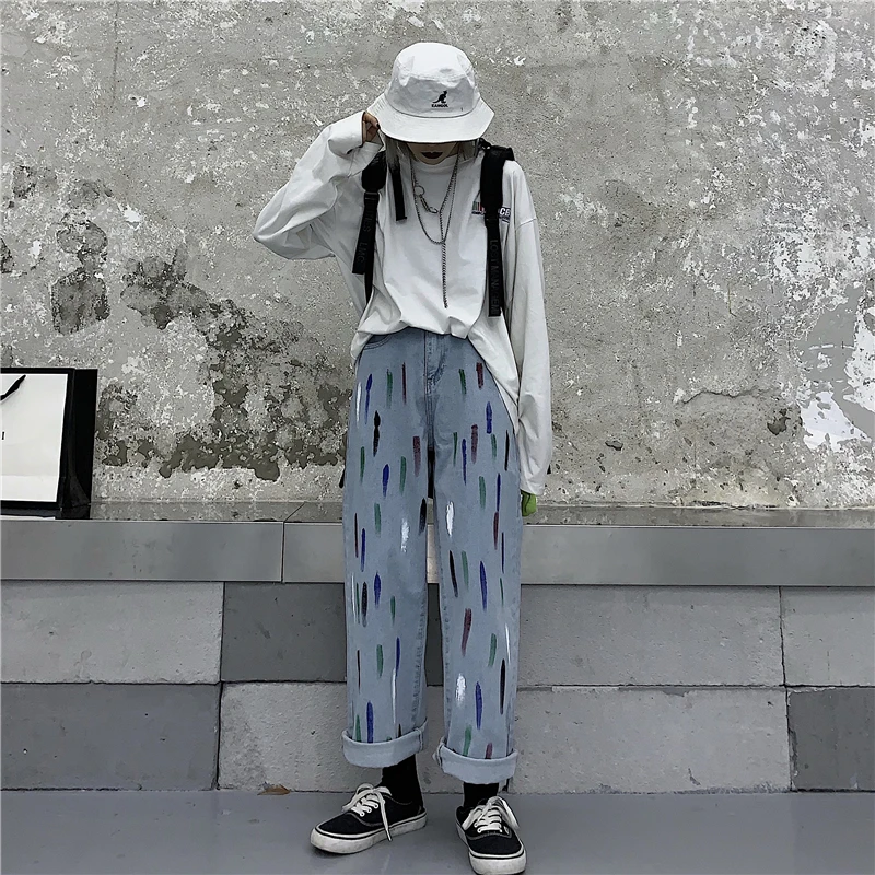 

wide leg pants ins streetwear style pockets print button fly loose casual Women's Clothing Capris full length Female blue