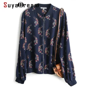 Куртка SuyaDream Женская шелковая, 100% шелковый свитшот с принтом на молнии, элегантная темно-синяя верхняя одежда, весна-осень 2020