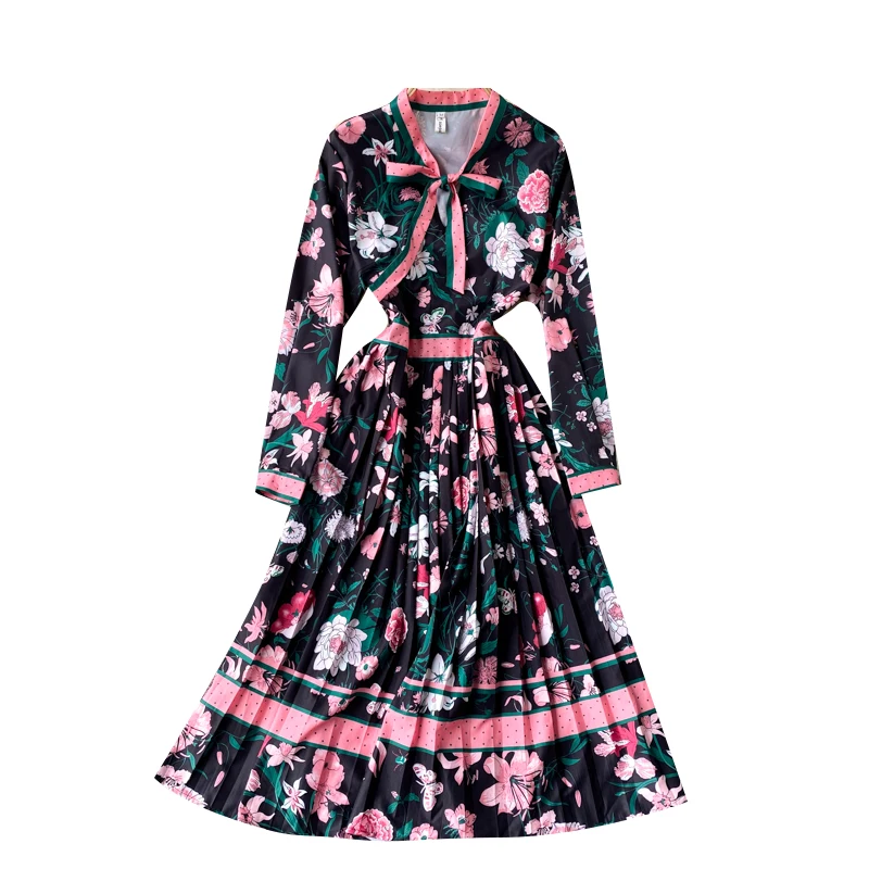 

Women New Fashion Chic Retro Print Dress Round Neck Bow Loose Slim Pleated Holiday Long Sleeve Elegant Clothes Vestidos R888