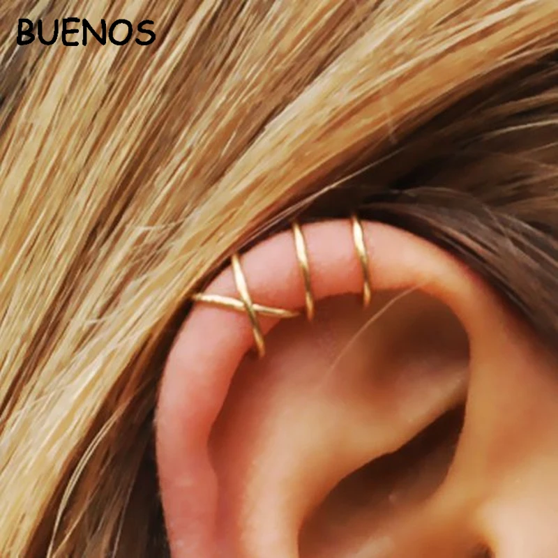 Женские серьги-клипсы в стиле панк BUENOS модные золотые с гвоздиками и узором |