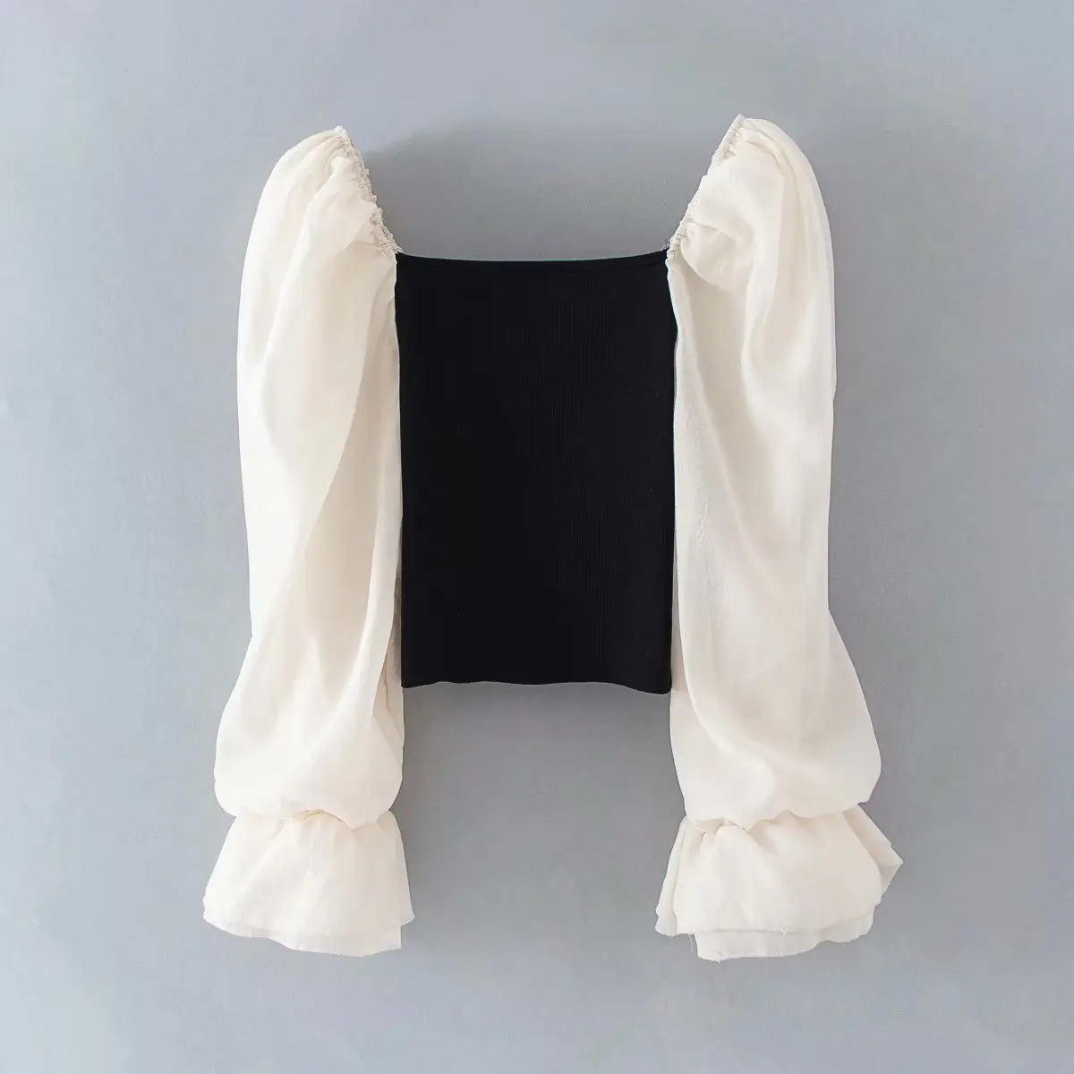 

New Women Elegant Organza Puff Sleeve Patchwork Knitted Casual Smock Blouse Ladies Chic Square Collar Feminina Shirt Tops