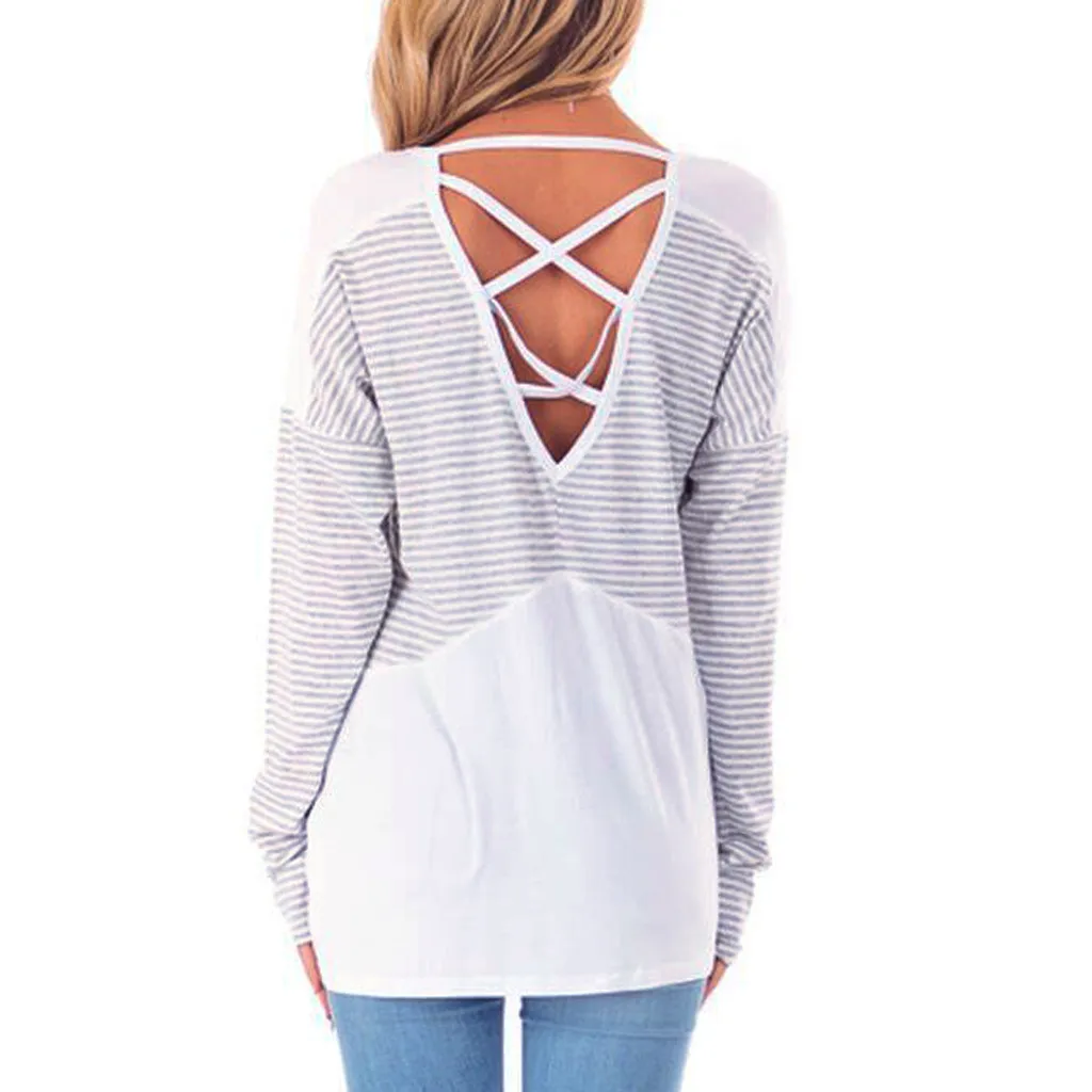 Весенне-осенние женские футболки SAGACE в полоску с круглым вырезом открытой спиной