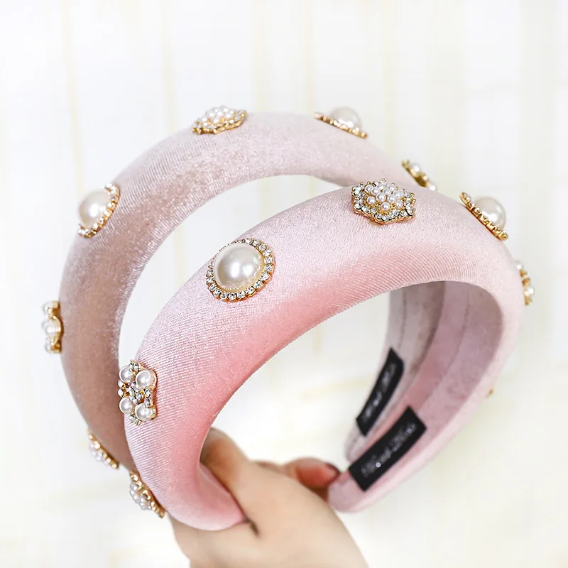

Velvet Pearl Rhinestone Padded Headband for Women Solid Color Sponge Crystal Hairband Women Girl Hair Accessories Hair Band