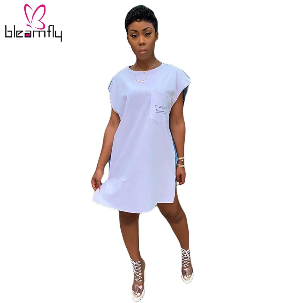 Осеннее женское платье с коротким рукавом и О образным вырезом джинсовое до