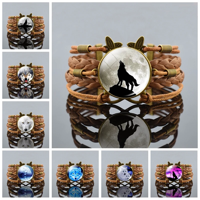 Браслет со стеклянным кабошоном в стиле ретро Волчья Луна многослойный Плетеный