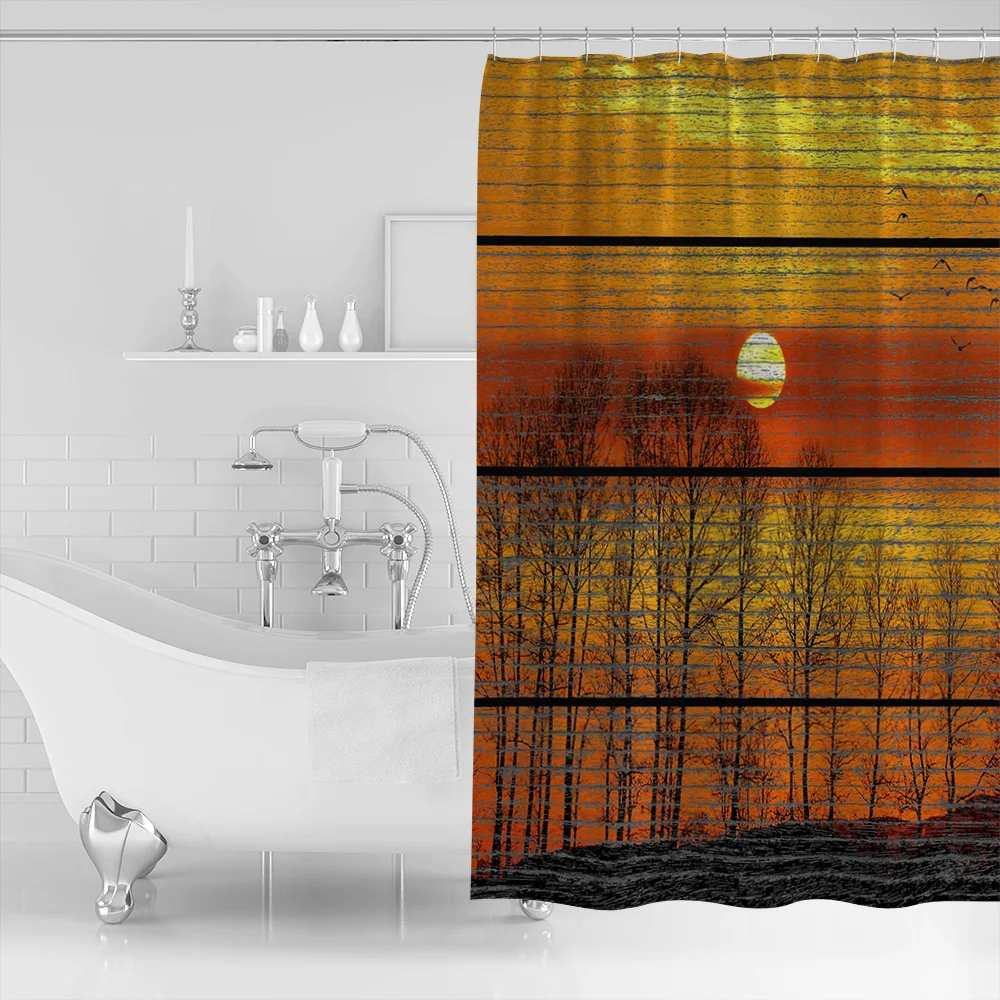 Waterproof Curtain Wood Grain Effect Sunset Trees Birds Fabric Shower Home Bathroom Decor | Дом и сад