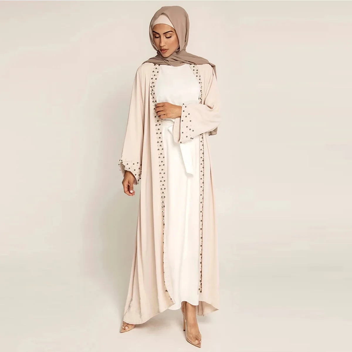

Модное Элегантное однотонное мусульманское кимоно в арабском стиле, Турции, Ближнего Востока, со шнуровкой и бисером, халат кебая, скромное ...
