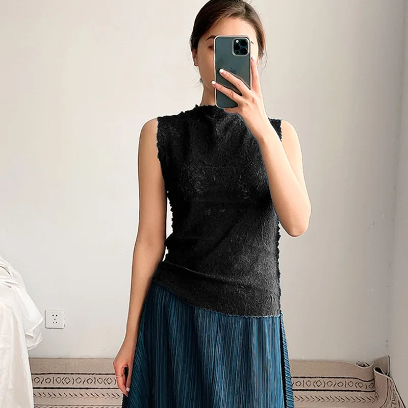 

TVVOVVIN Stylish Women Sleeveless Pleated T-shirt Summer 2021 New Korean Solid Color Simple Slim High Stretch Top W8WS