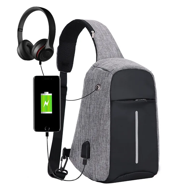 

USB Charging Earphone Hole Men's Waist Packs Sling Bag Crossbody Sport Shoulder Chest Bags Multi-Pocket Messenger Fanny Packs