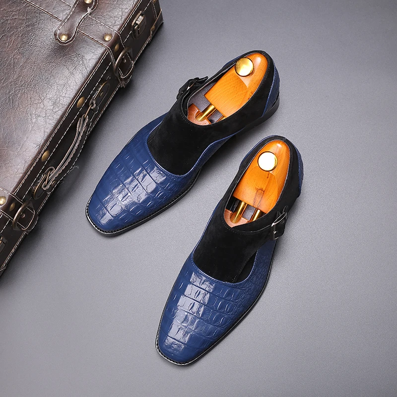 

2020 Business Dress Shoes Fashion Crocodile Pattern High Quality Patchwork Buckle Flat Shoes Male Wedding Banquet Party Shoes