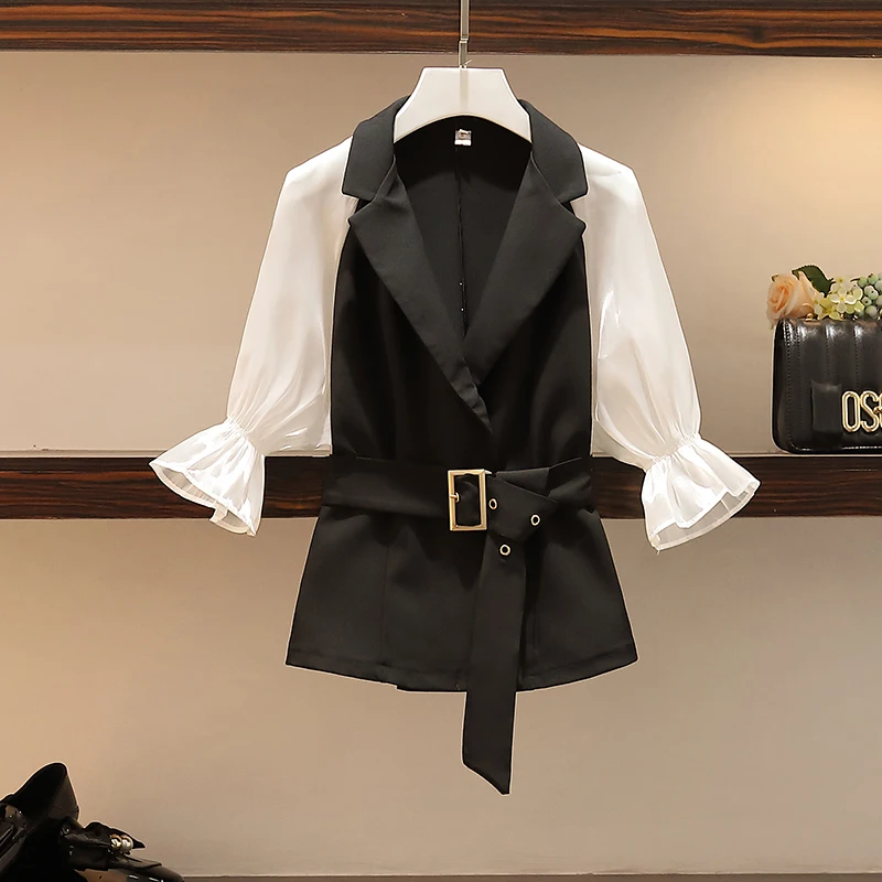 Элегантный брючный костюм женский летний офисный комплект большого размера плюс