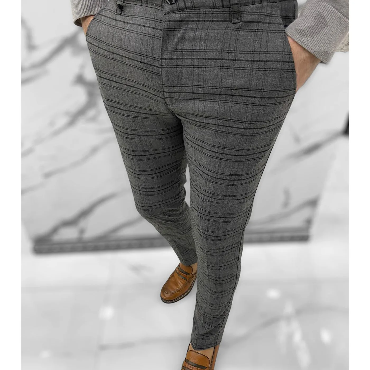 

Fashion Men Pants Clothes Plaid Checked Trousers Slim Fit Classic Vintage Suit Male Socail Party Korean Style Streetwear Male