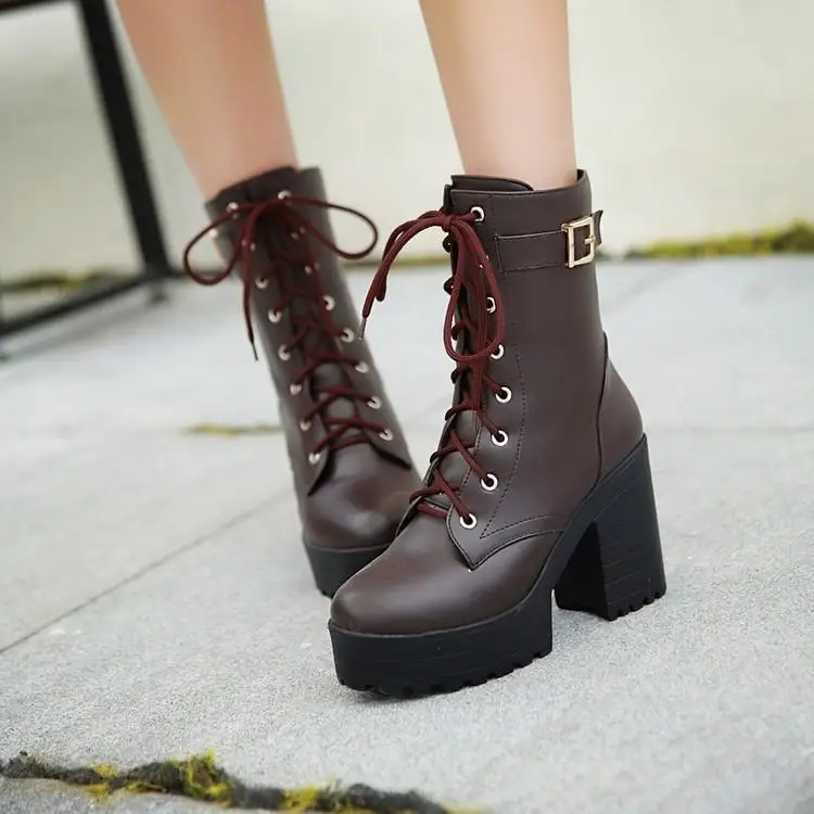 

Spring Autumn Fashion Women Boots High Heels Platform Buckle Lace Up Leather Short Booties Black Ladies Shoes Promotion 745