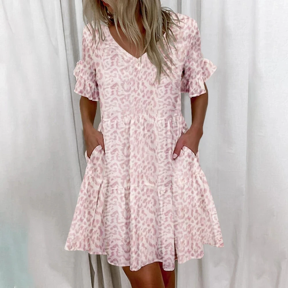

Summer Women Ruffles Mini Dress 2021 Fashion V-Neck Floral Print Pockets Dress Casual Plus Size Short Sleeve Loose Beach Dresses