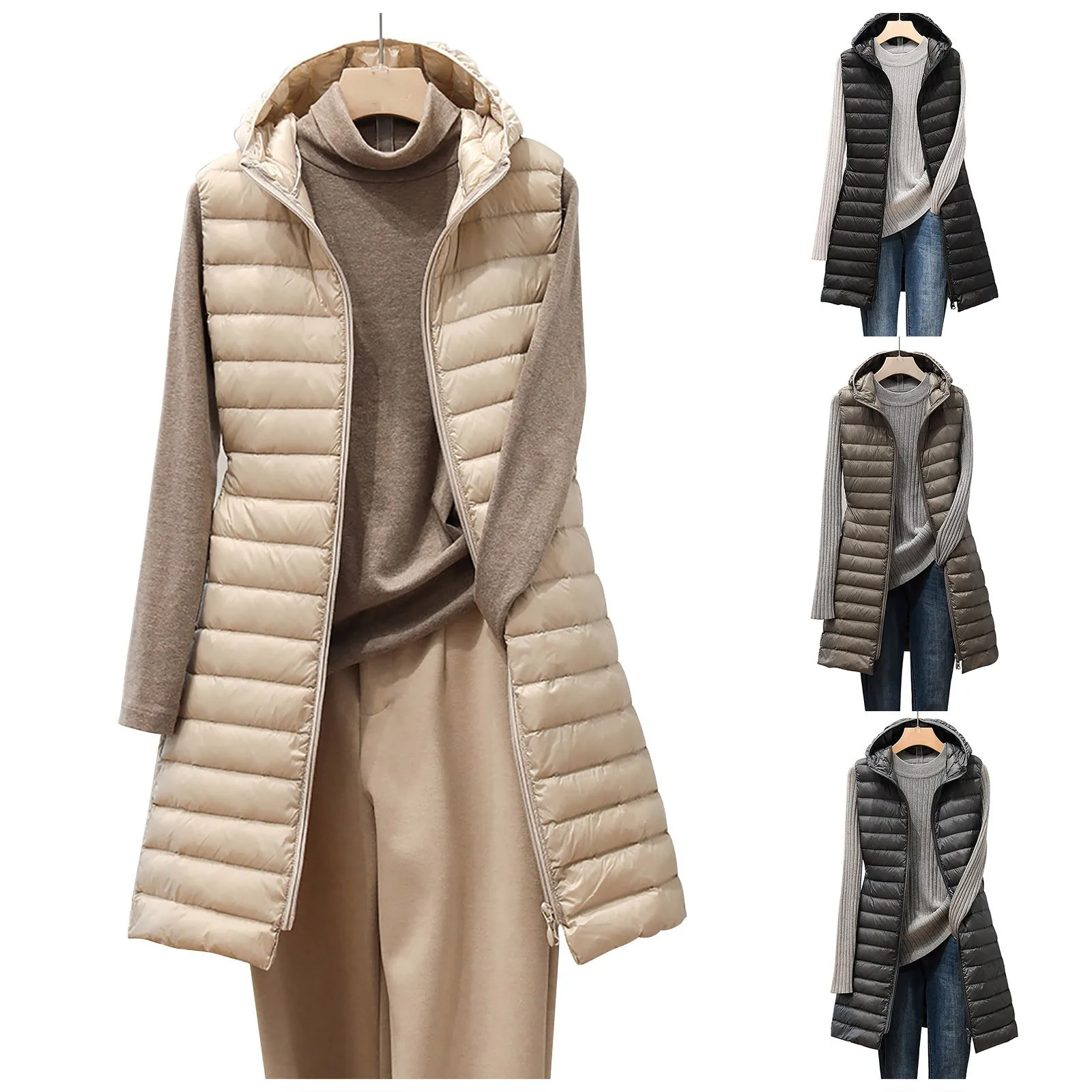 

Women's Long Coat Vest With Hood Autumn Winter Sleeveless Warm Cotton Down Coat Waistcoat Quilted Vest Down Jacket Outwear #F