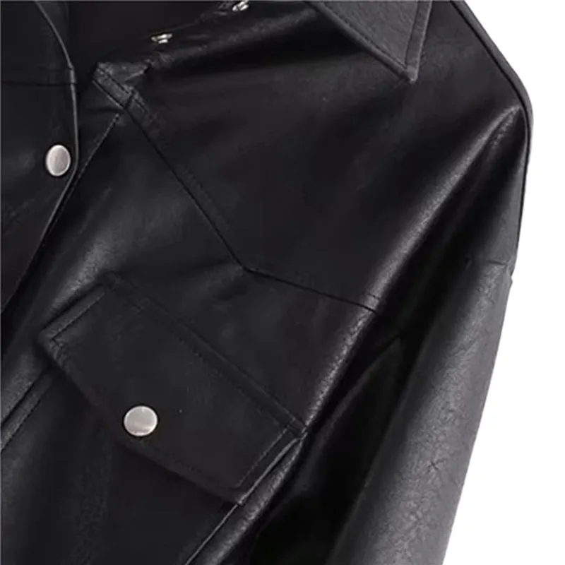 

Women Solid Color Coat Pu Leather Jacket 2021 Fashion Autumn and Winter Long Sleeve Lapel Collar Belted Jacket with Flap Pocket