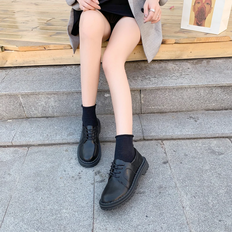 

2020 Spring Autumn retro single shoes female high heel thick with lace non-slip small leather shoes casual student shoes W35-68