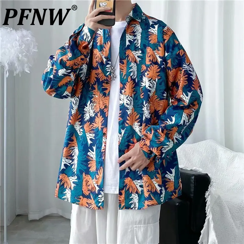 

Мужская свободная рубашка с длинным рукавом, с принтом кленовых листьев