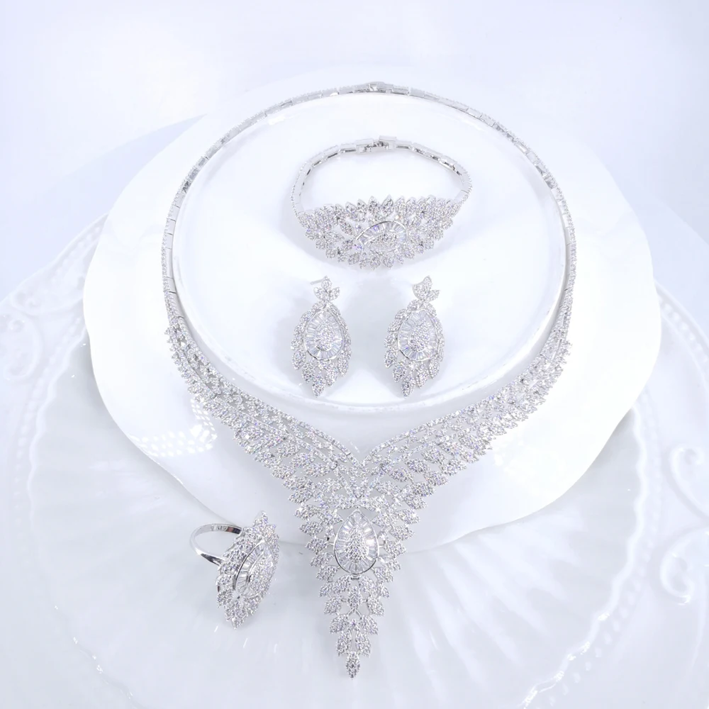 Новый модный роскошный винтажный V стиль Кристалл CZ Циркон ожерелье серьги браслет кольцо Свадебные банкетные украшения набор