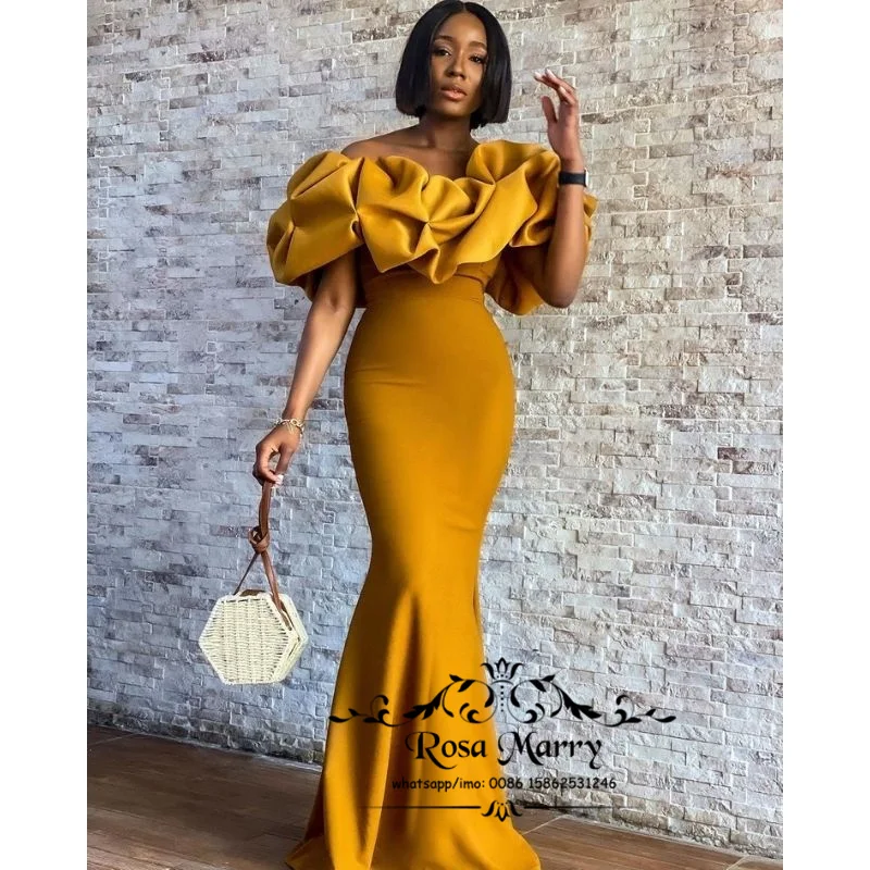

Off Shoulder Mermaid African Bridesmaids Dresses 2021 Plus Size Long Cheap Satin Ruffles Wedding Party Gowns Maid of Honors