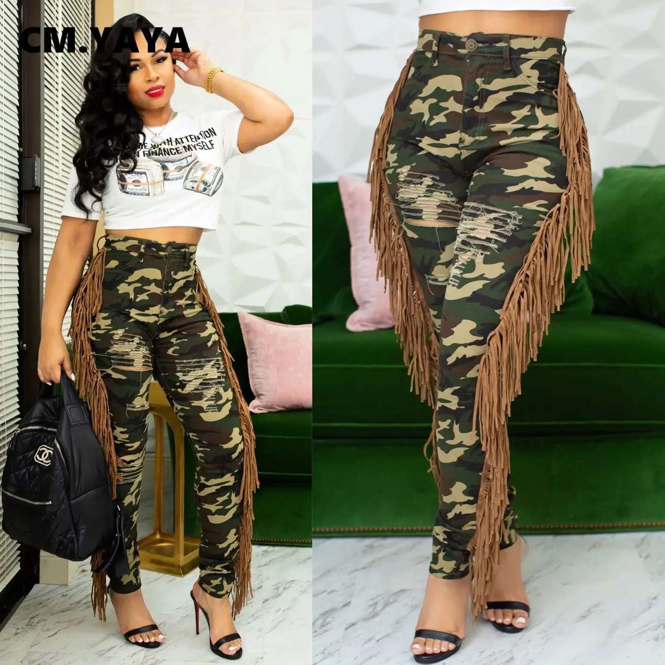 

CM.YAYA Women Camouflage Tassel Side Splicing Zipper Fly Ripped Jeans Elegant Fashion High Waist Denim Trousers Pants