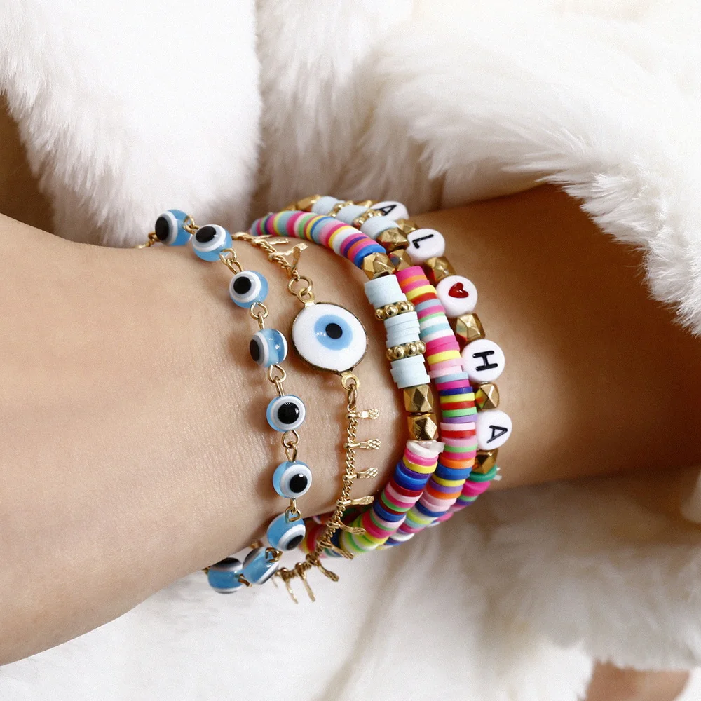 

Heat Letter Beaded Bracelet Set Jewelry Bangle Evil Eye Beads Charm Bracelet For Couple Women Lovers Men Lady Girls Boys Gift