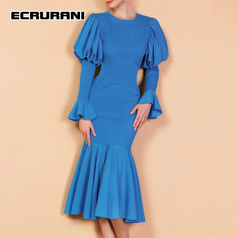 

ECRURANI Blue Elegant Dress For Women O Neck Lantern Long Sleeve High Waist Plested Mid Dresses Female Summer Clothing 2021 Tide