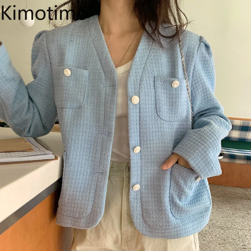 

Женская твидовая куртка Kimotimo, корейское шикарное нежное Укороченное пальто с V-образным вырезом и карманами, Осенний однотонный характерны...