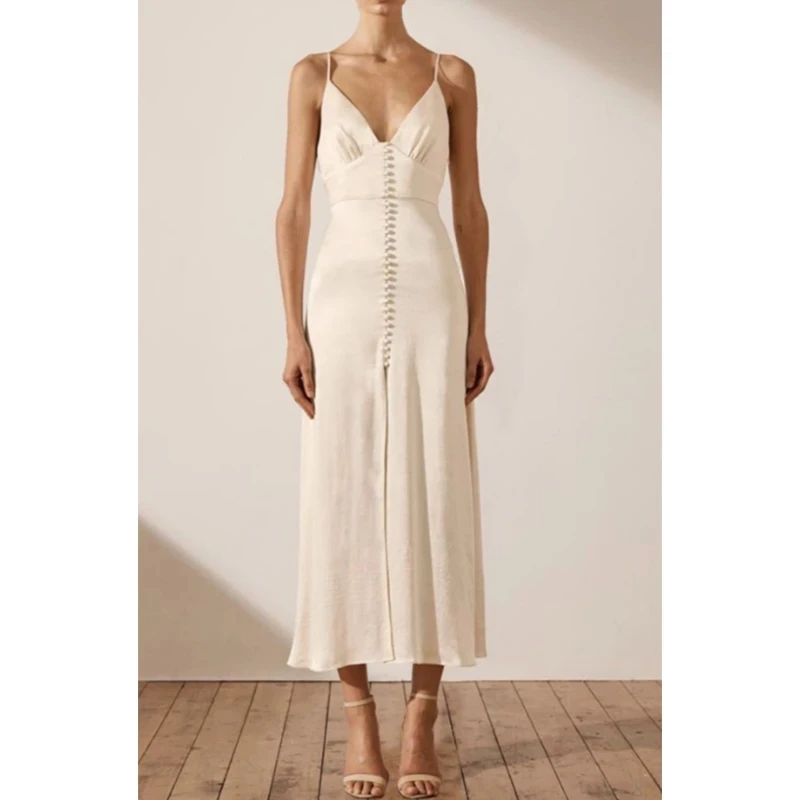 

New Sexy Sling Dress V-neck Satin Open Back Split Long Dresses Women's Slim Sleeveless Solid Color Party Long Dress Femme