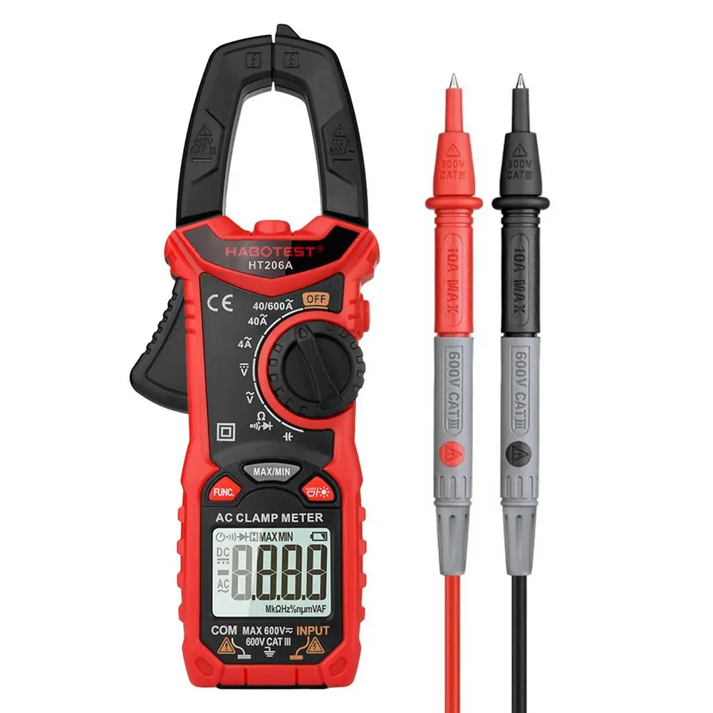 

HT206A Clamp Meter - Handheld Digital Ammeter - Multimeter - AC DC Current Voltage Resistance Capacitance Frequency Measure Test