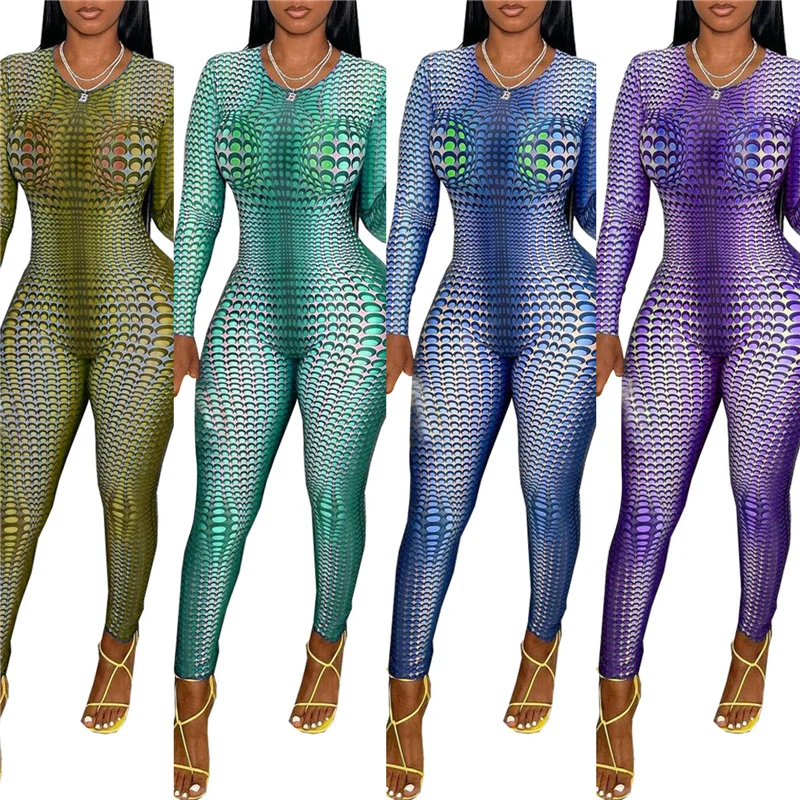 

Y2K Women Close-fitting Jumpsuit Tie-dyed and Dots Printed Pattern Long Sleeve Overalls S/ M/ L