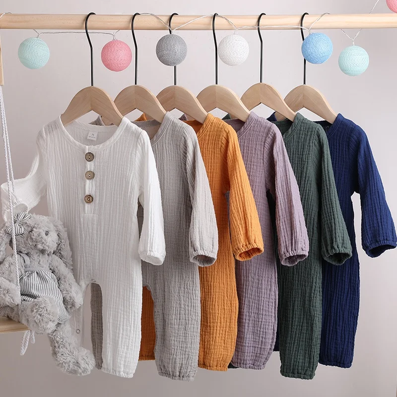 

Newborn Baby Clothes Cotton Solid Long Sleeve Button Baby Girl Boy Romper Autumn Casual Home Infant Baby Rompers 3-12M Selling