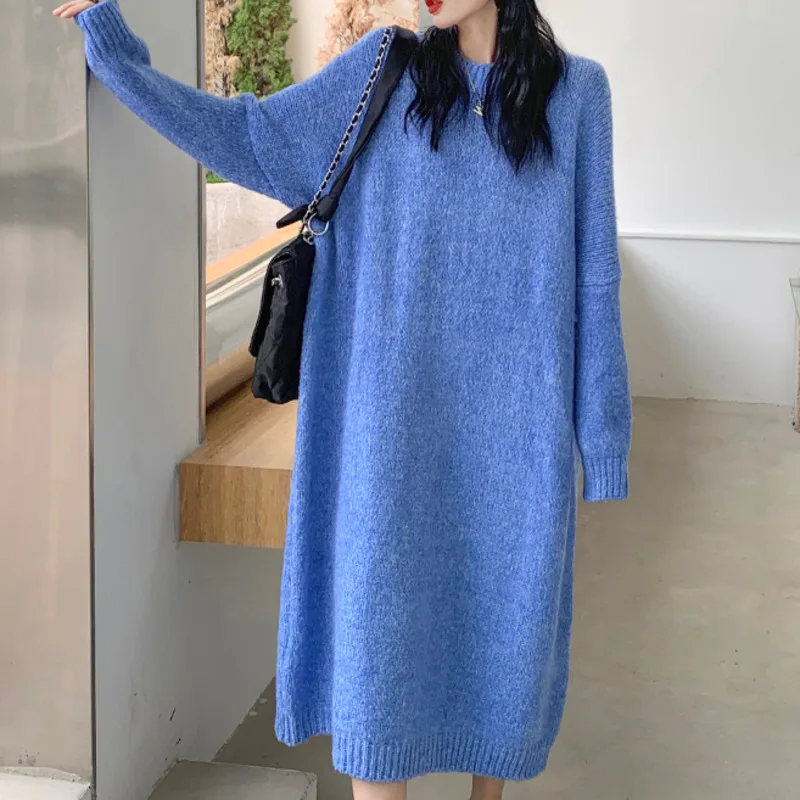 

XUXI 2021 Autumn Winter O-Neck Sweater Dress Women Long Sleeve Over The Knee Thicken Knitting Skirt Fashion Outside Wear E4365